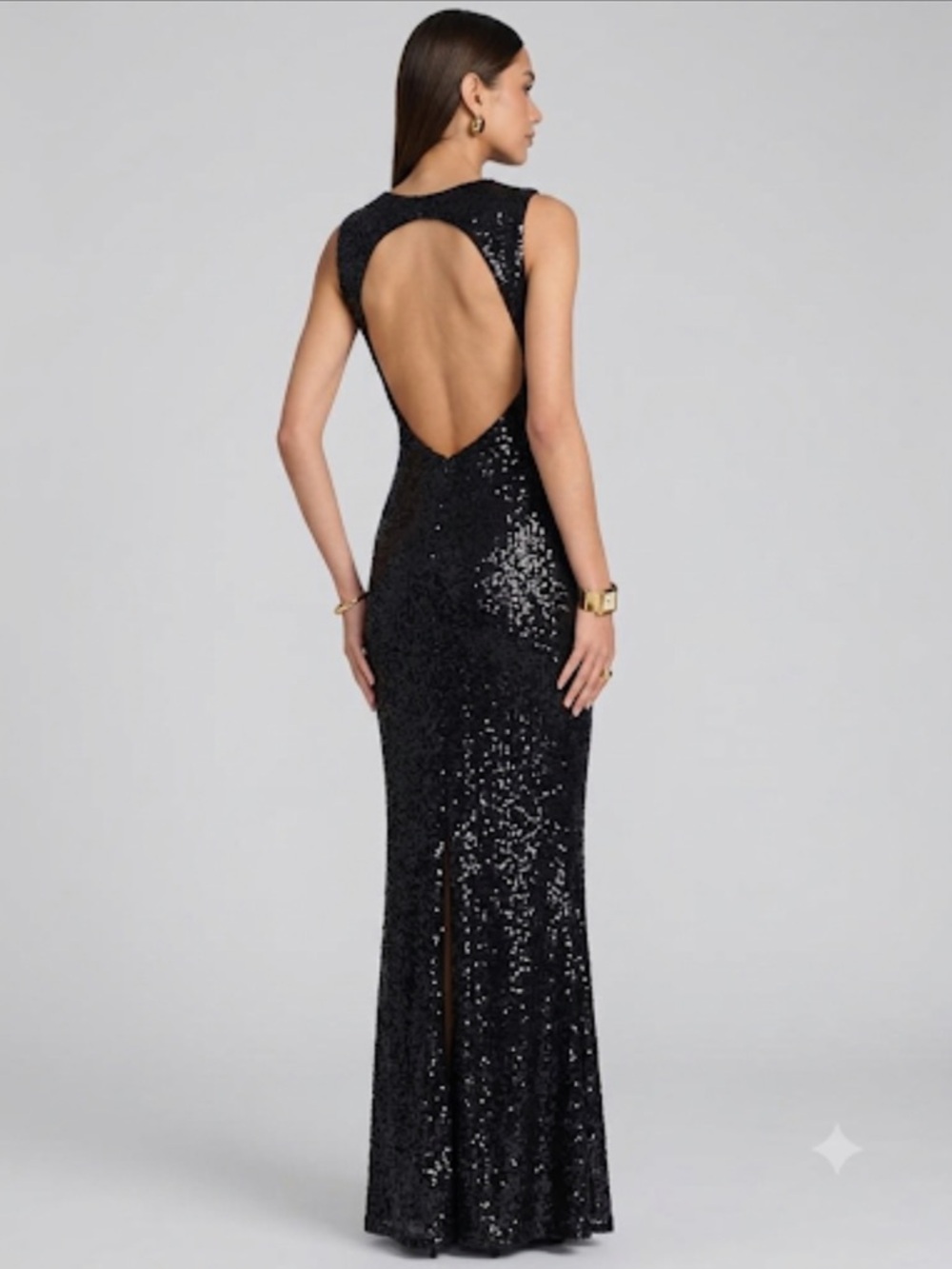 Dress the Population Made In USA Black Sequin Open Back Plunging Gown Size S